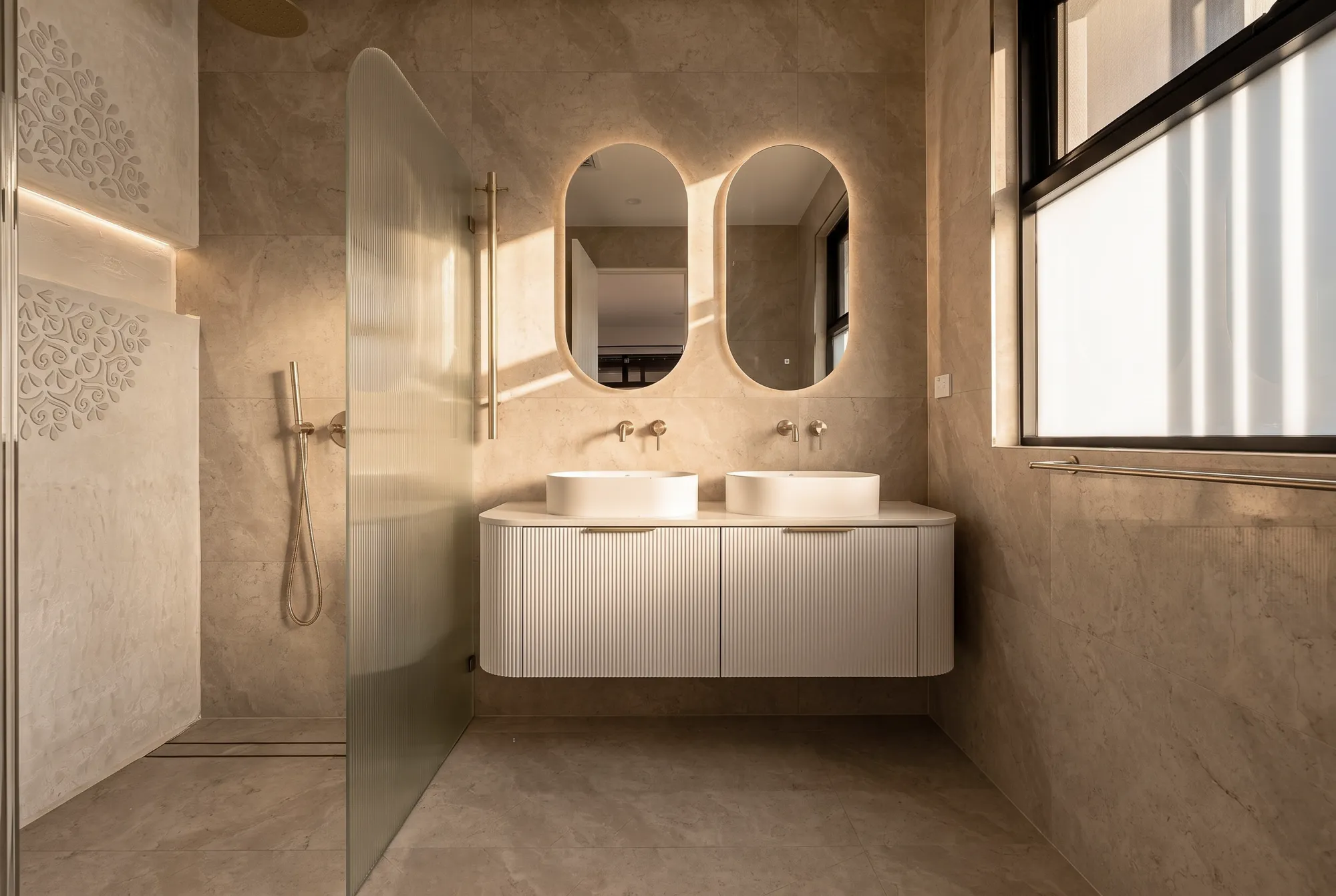 Guildford West bathroom with twin oval mirrors, real estate photography